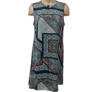 DR2 Daniel Rainn Blue Sleeveless Shift Geometric Patch Dress Size S Pleated Back